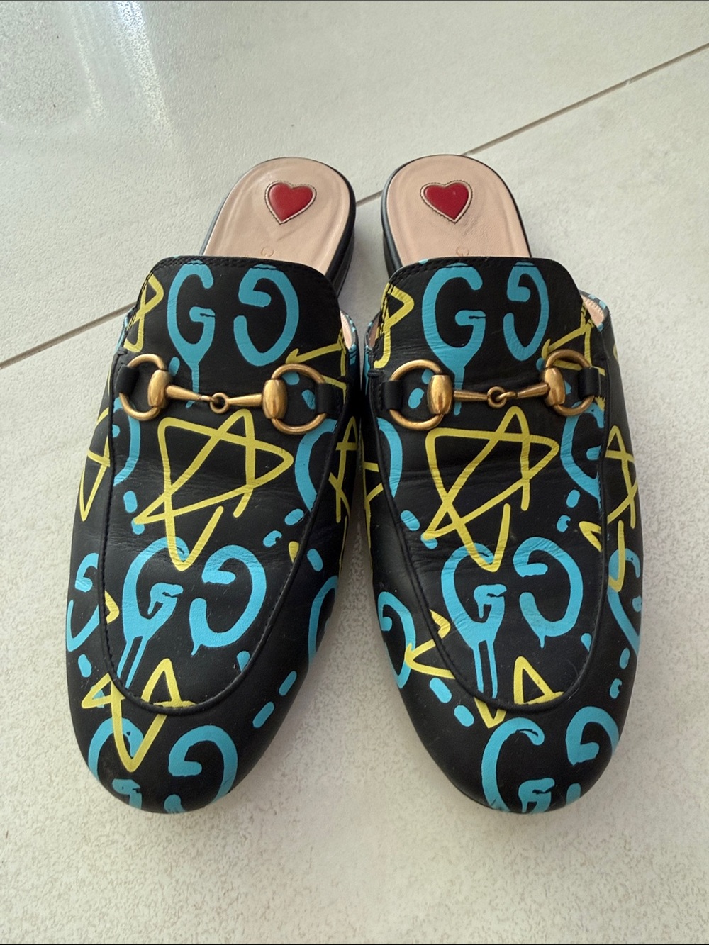 Gucci Black Leather Horsebit Mules with Turquoise & Yellow Graffiti